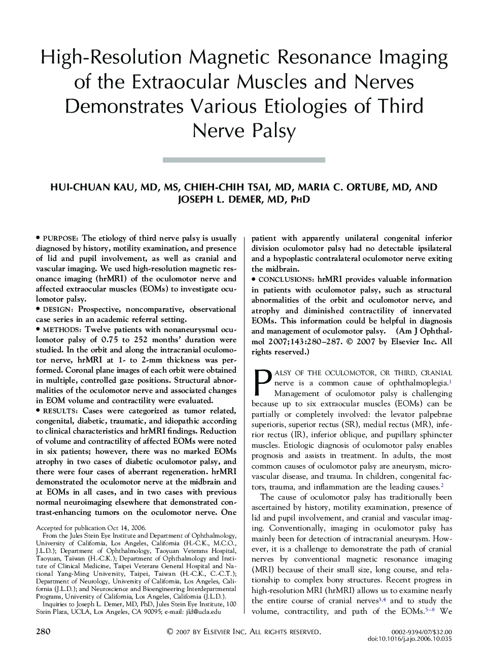 High-Resolution Magnetic Resonance Imaging of the Extraocular Muscles and Nerves Demonstrates Various Etiologies of Third Nerve Palsy