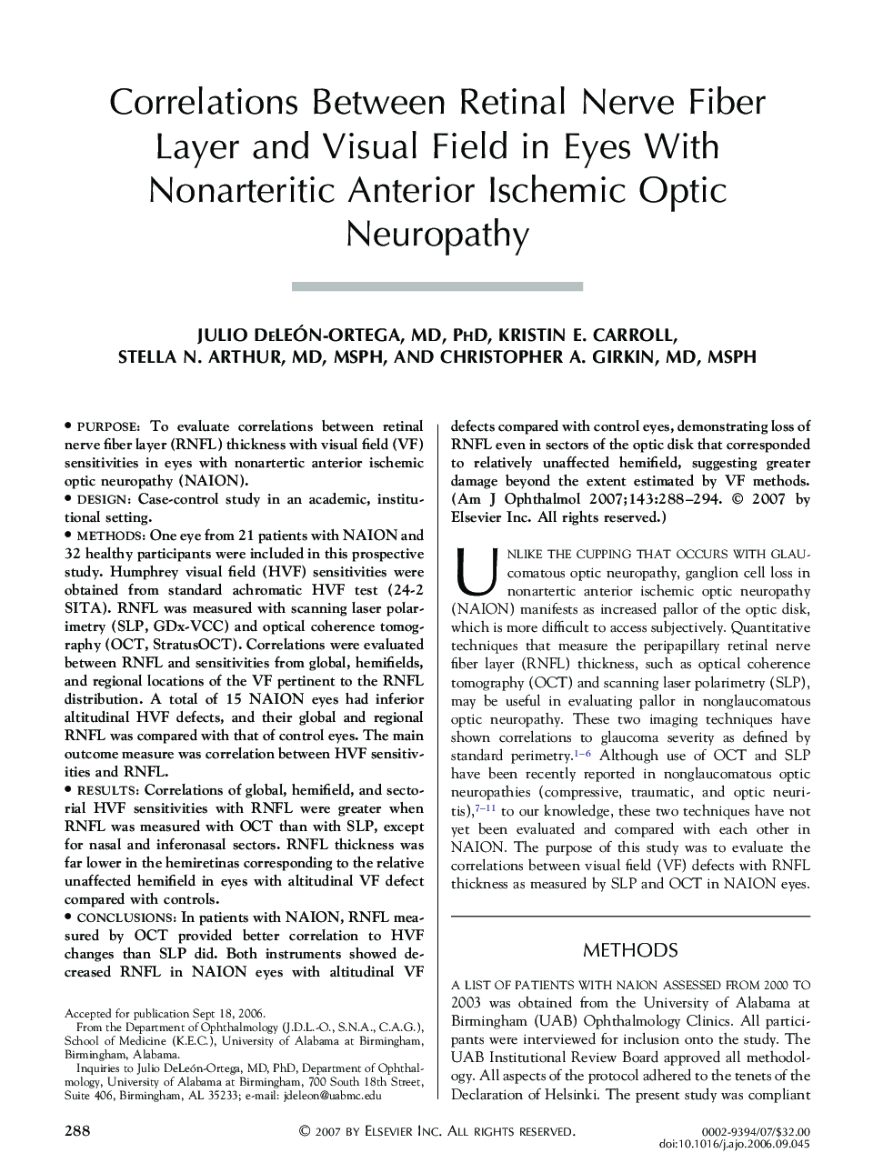 Correlations Between Retinal Nerve Fiber Layer and Visual Field in Eyes With Nonarteritic Anterior Ischemic Optic Neuropathy