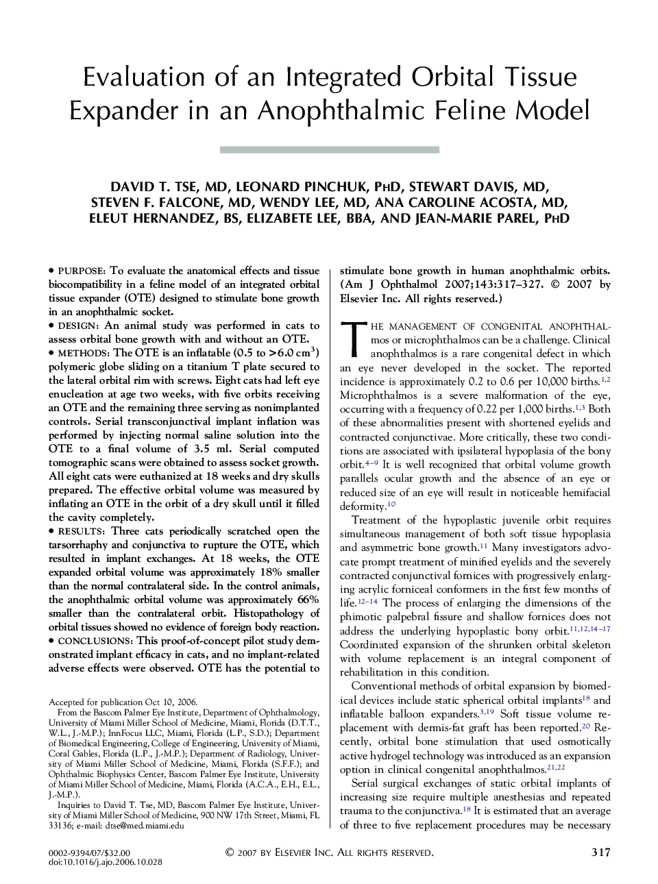Evaluation of an Integrated Orbital Tissue Expander in an Anophthalmic Feline Model