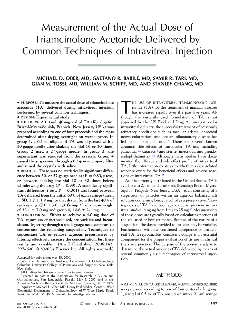 Measurement of the Actual Dose of Triamcinolone Acetonide Delivered by Common Techniques of Intravitreal Injection