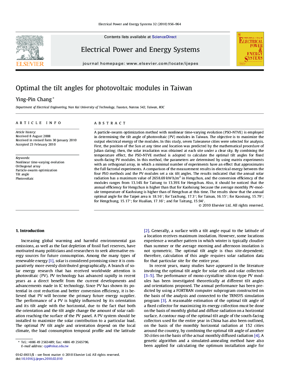 عکس صفحه اول مقاله: Optimal the tilt angles for photovoltaic modules in Taiwan Optimal the tilt angles for photovoltaic modules in Taiwan