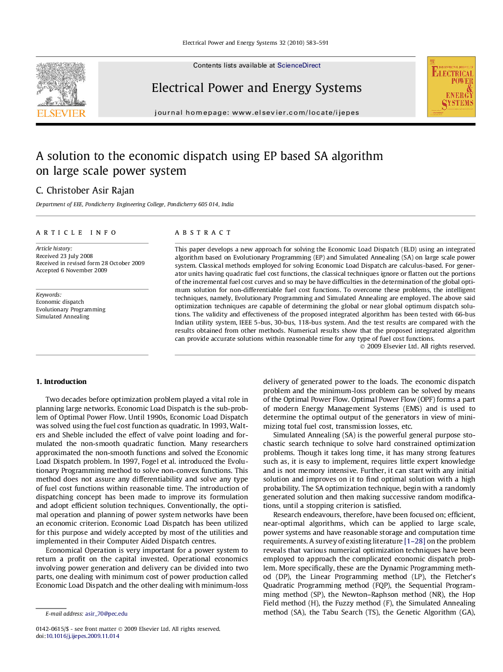 A solution to the economic dispatch using EP based SA algorithm on large scale power system