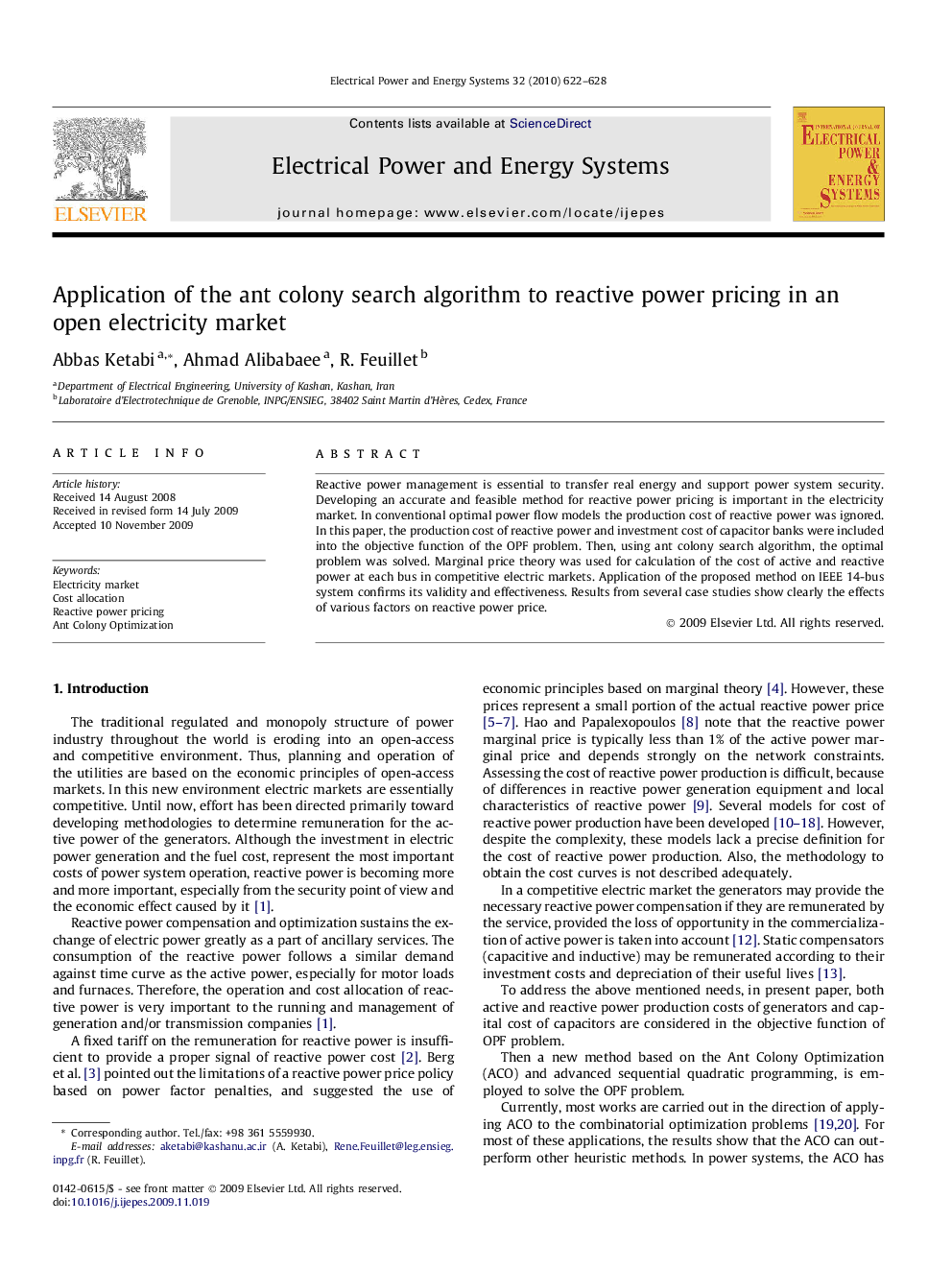 استفاده از الگوریتم جستجوی جمعیت مورچگان برای قیمت گذاری توان راکتیو در بازار آزاد برق