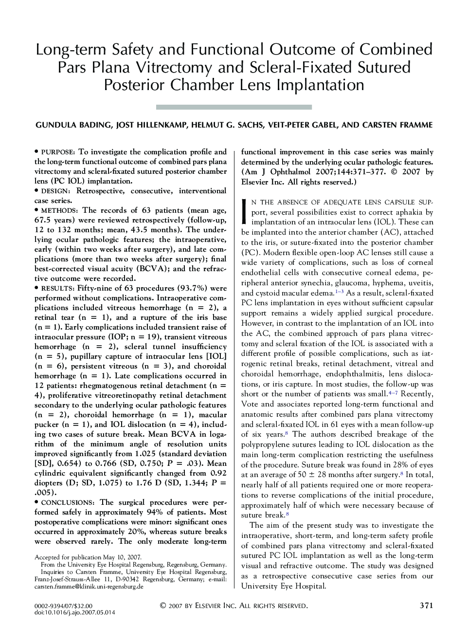 Long-term Safety and Functional Outcome of Combined Pars Plana Vitrectomy and Scleral-Fixated Sutured Posterior Chamber Lens Implantation