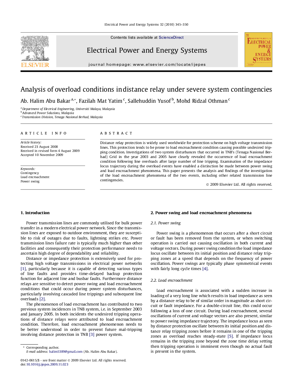 عکس صفحه اول مقاله: Analysis of overload conditions in distance relay under severe system contingencies Analysis of overload conditions in distance relay under severe system contingencies