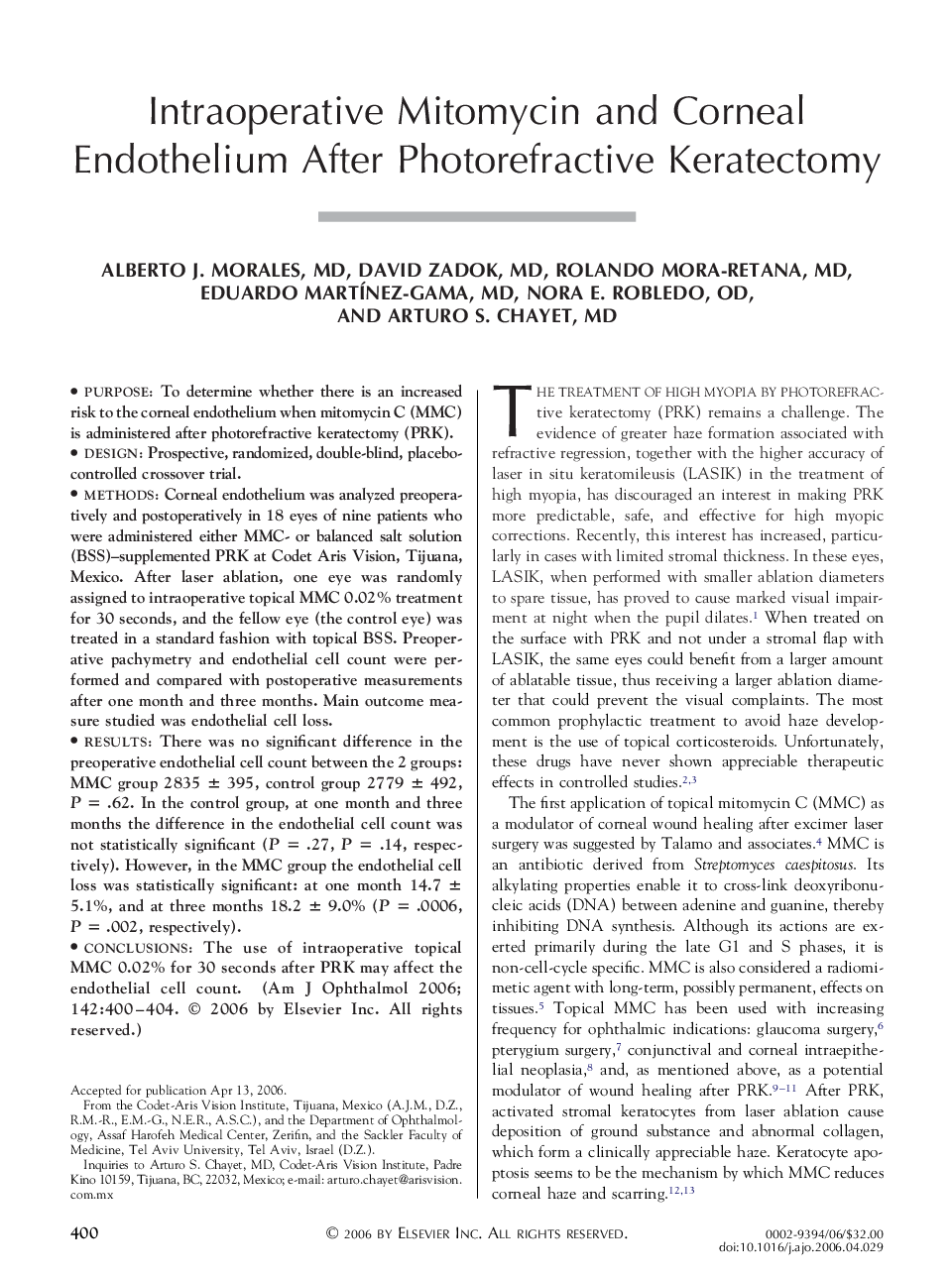 Intraoperative Mitomycin and Corneal Endothelium After Photorefractive Keratectomy