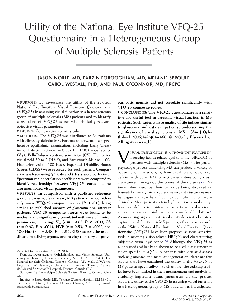 Utility of the National Eye Institute VFQ-25 Questionnaire in a Heterogeneous Group of Multiple Sclerosis Patients