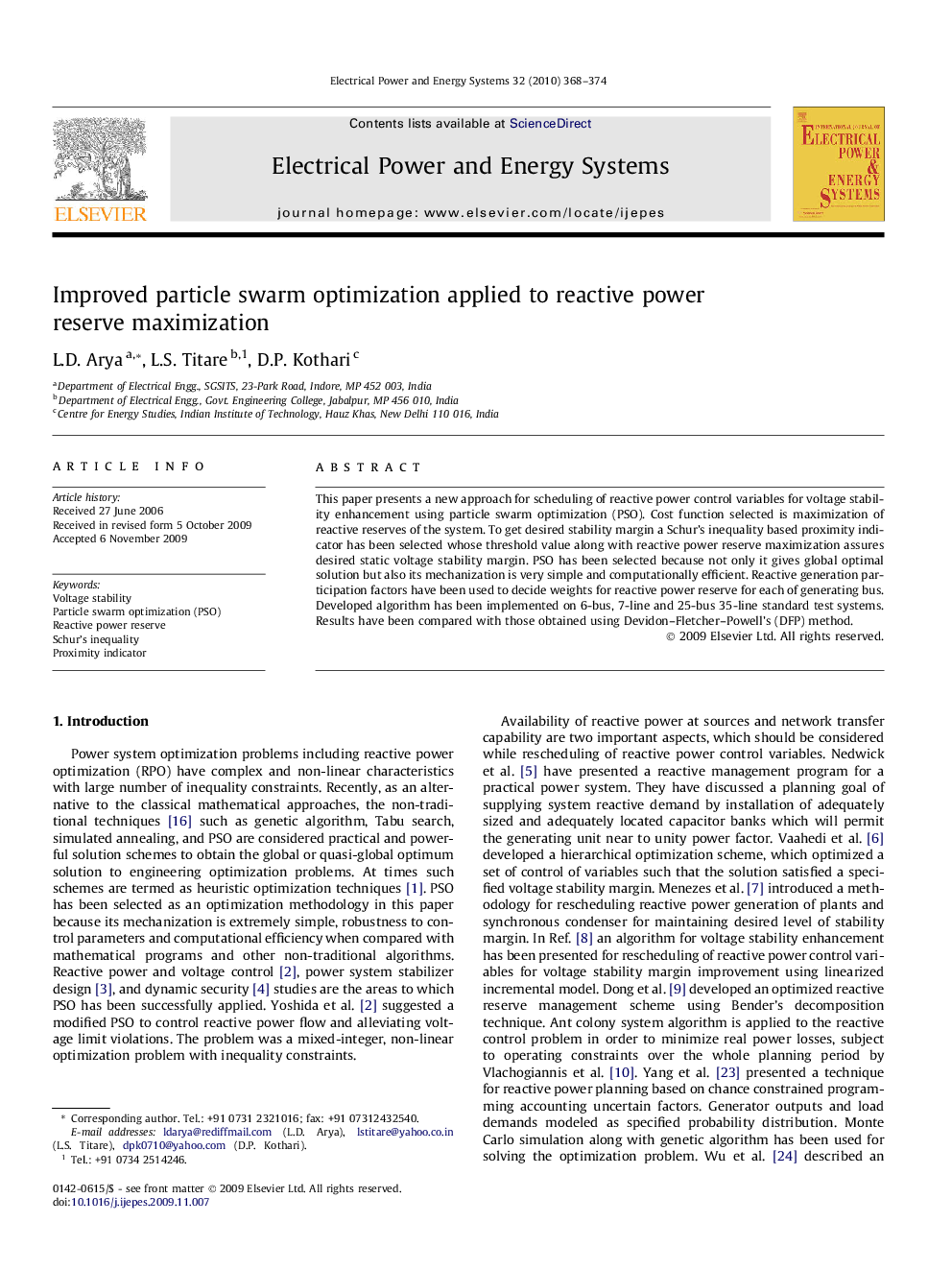 عکس صفحه اول مقاله: Improved particle swarm optimization applied to reactive power reserve maximization Improved particle swarm optimization applied to reactive power reserve maximization