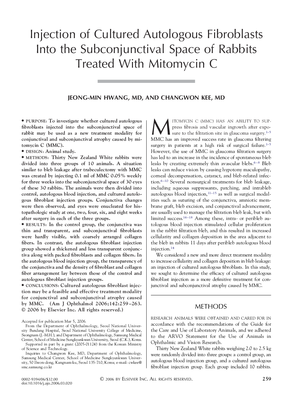 Injection of Cultured Autologous Fibroblasts Into the Subconjunctival Space of Rabbits Treated With Mitomycin C