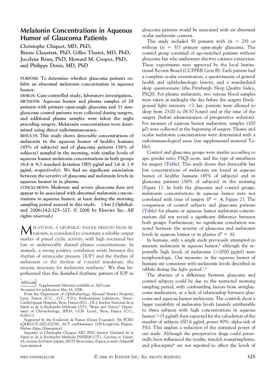 Melatonin Concentrations in Aqueous Humor of Glaucoma Patients