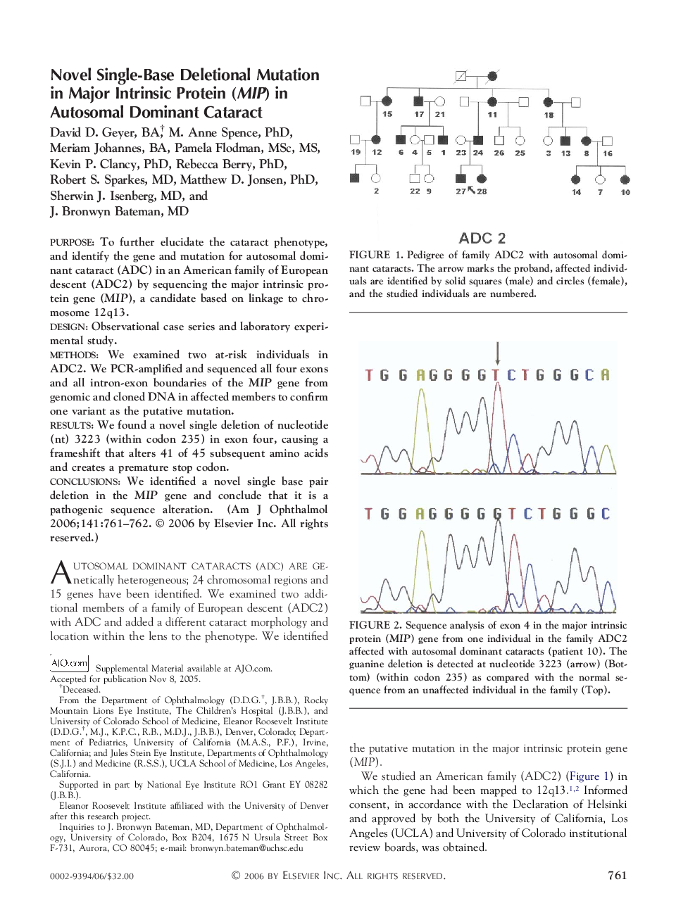 Novel Single-Base Deletional Mutation in Major Intrinsic Protein (MIP) in Autosomal Dominant Cataract