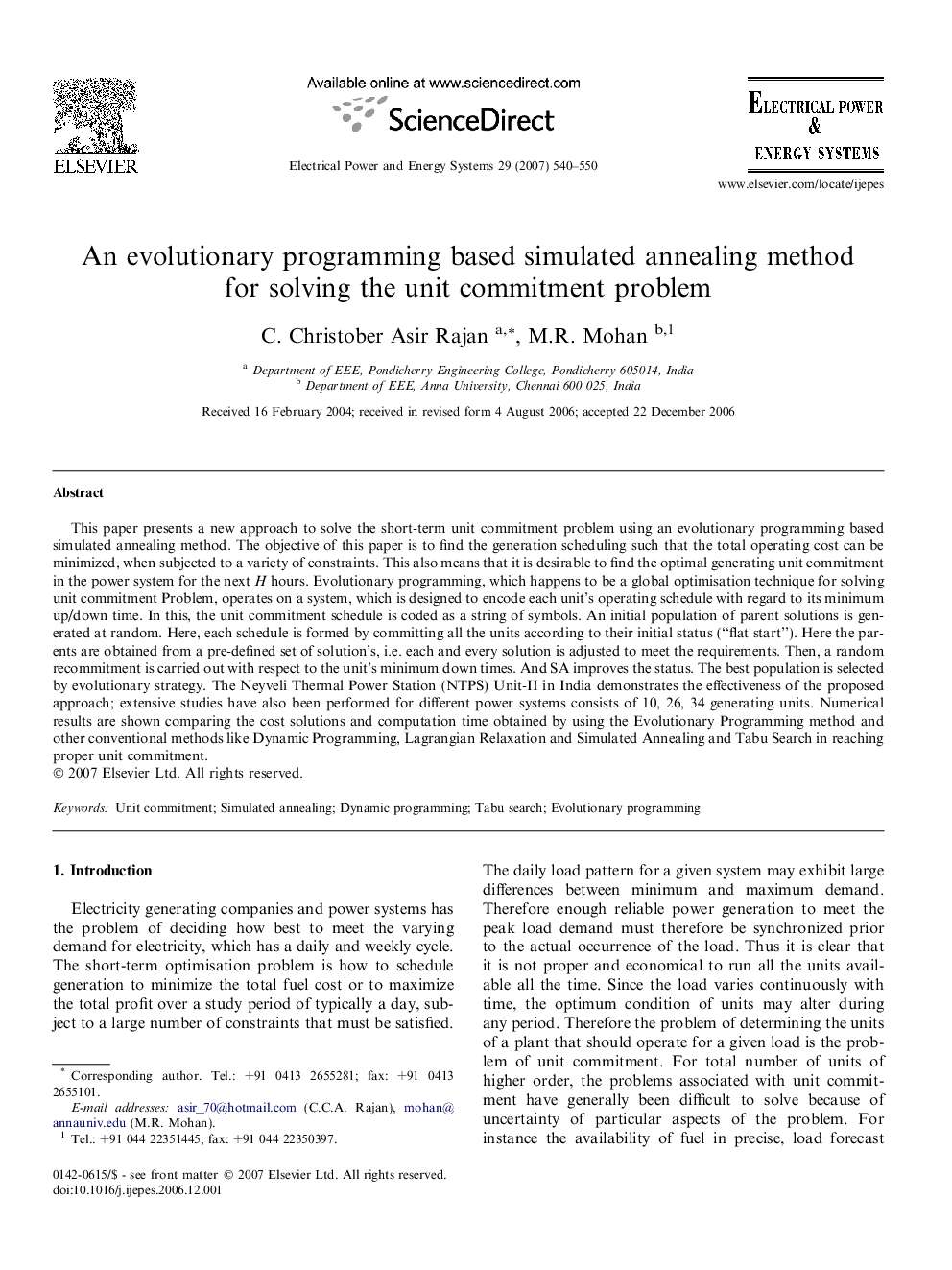 An evolutionary programming based simulated annealing method for solving the unit commitment problem