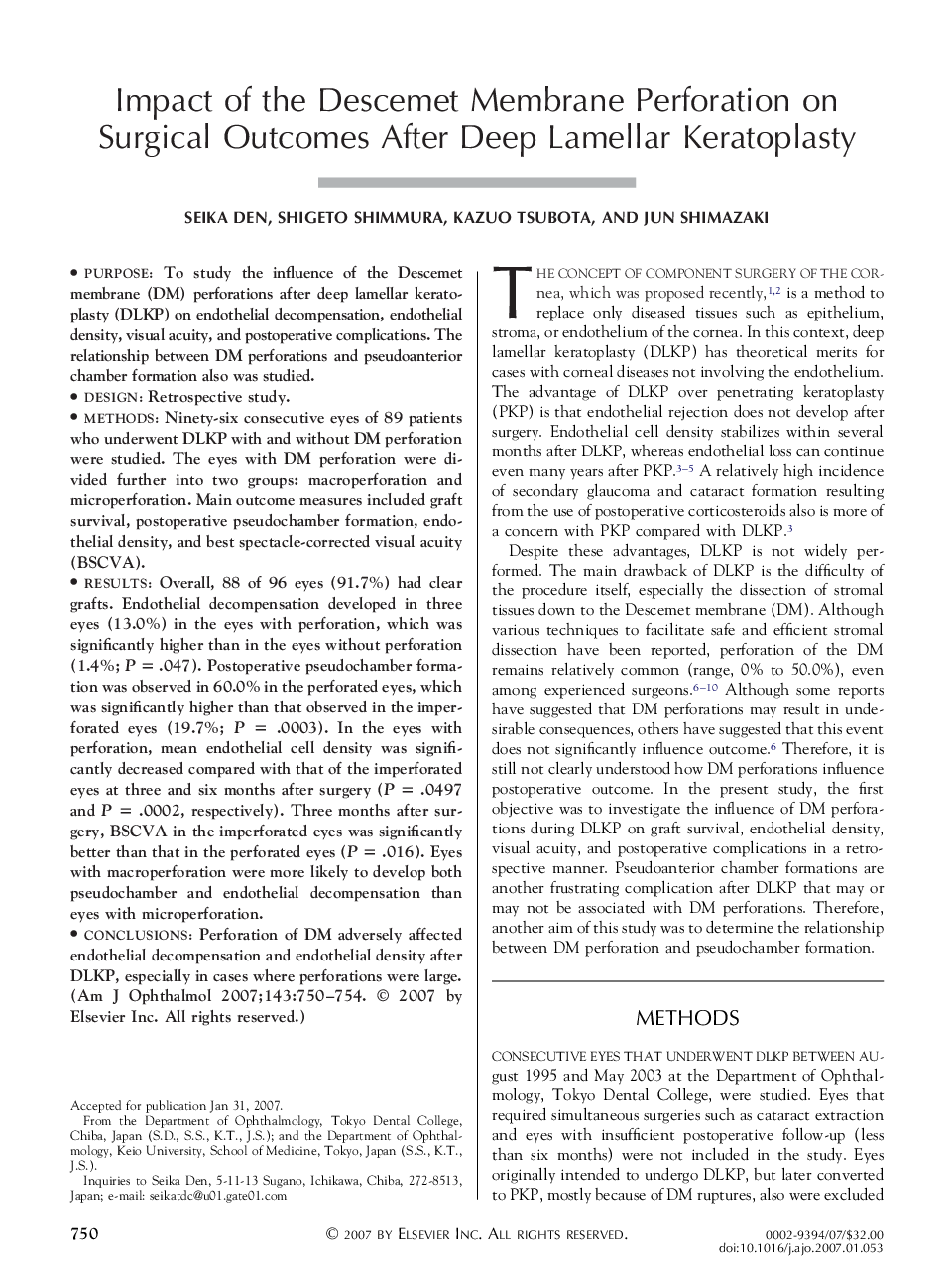 عکس صفحه اول مقاله: Impact of the Descemet Membrane Perforation on Surgical Outcomes After Deep Lamellar Keratoplasty Impact of the Descemet Membrane Perforation on Surgical Outcomes After Deep Lamellar Keratoplasty
