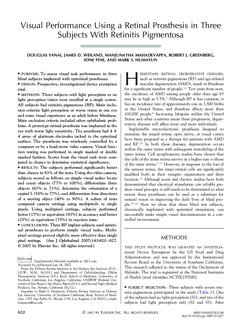 عکس صفحه اول مقاله: Visual Performance Using a Retinal Prosthesis in Three Subjects With Retinitis Pigmentosa Visual Performance Using a Retinal Prosthesis in Three Subjects With Retinitis Pigmentosa
