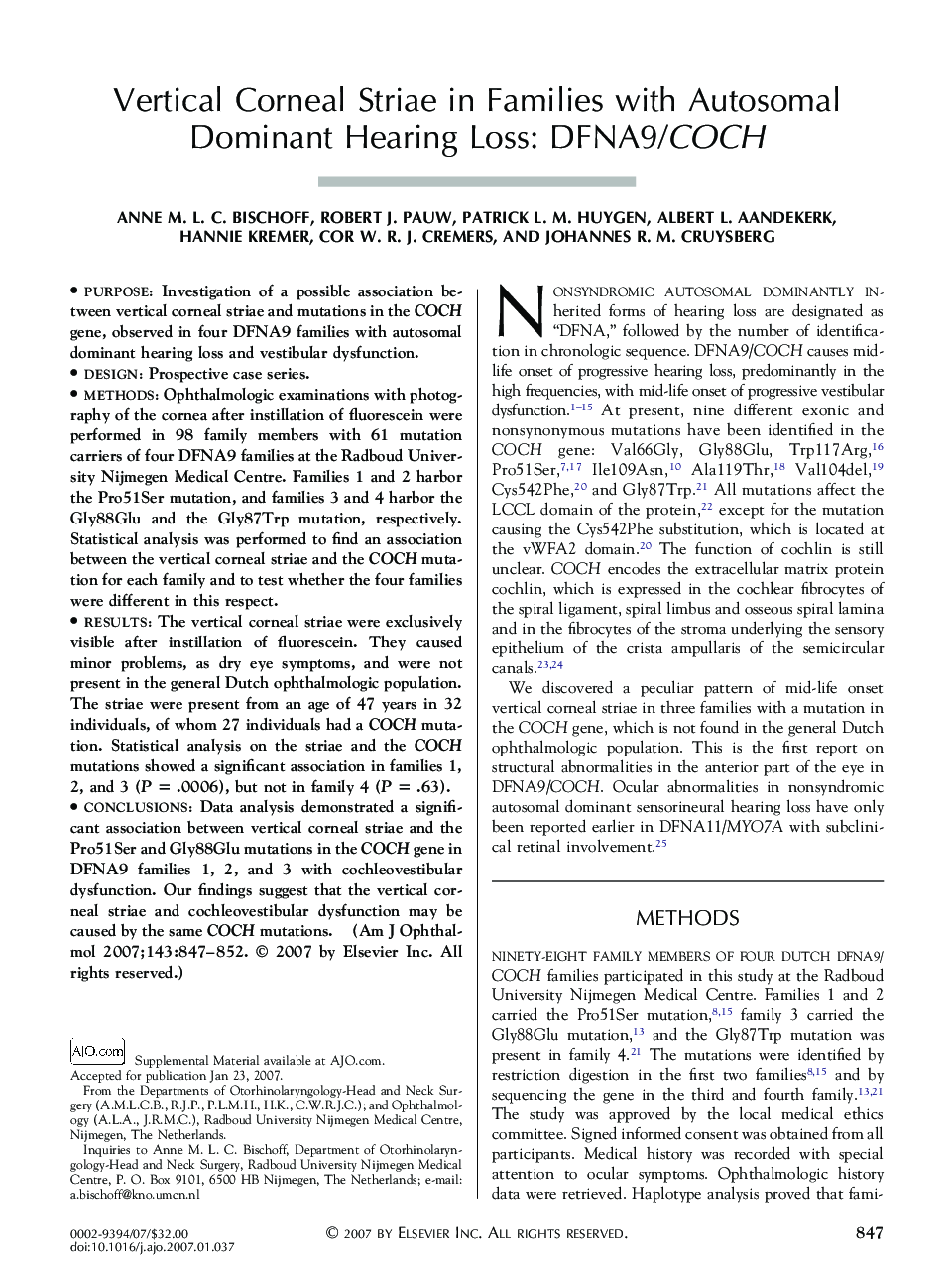 Vertical Corneal Striae in Families with Autosomal Dominant Hearing Loss: DFNA9/COCH