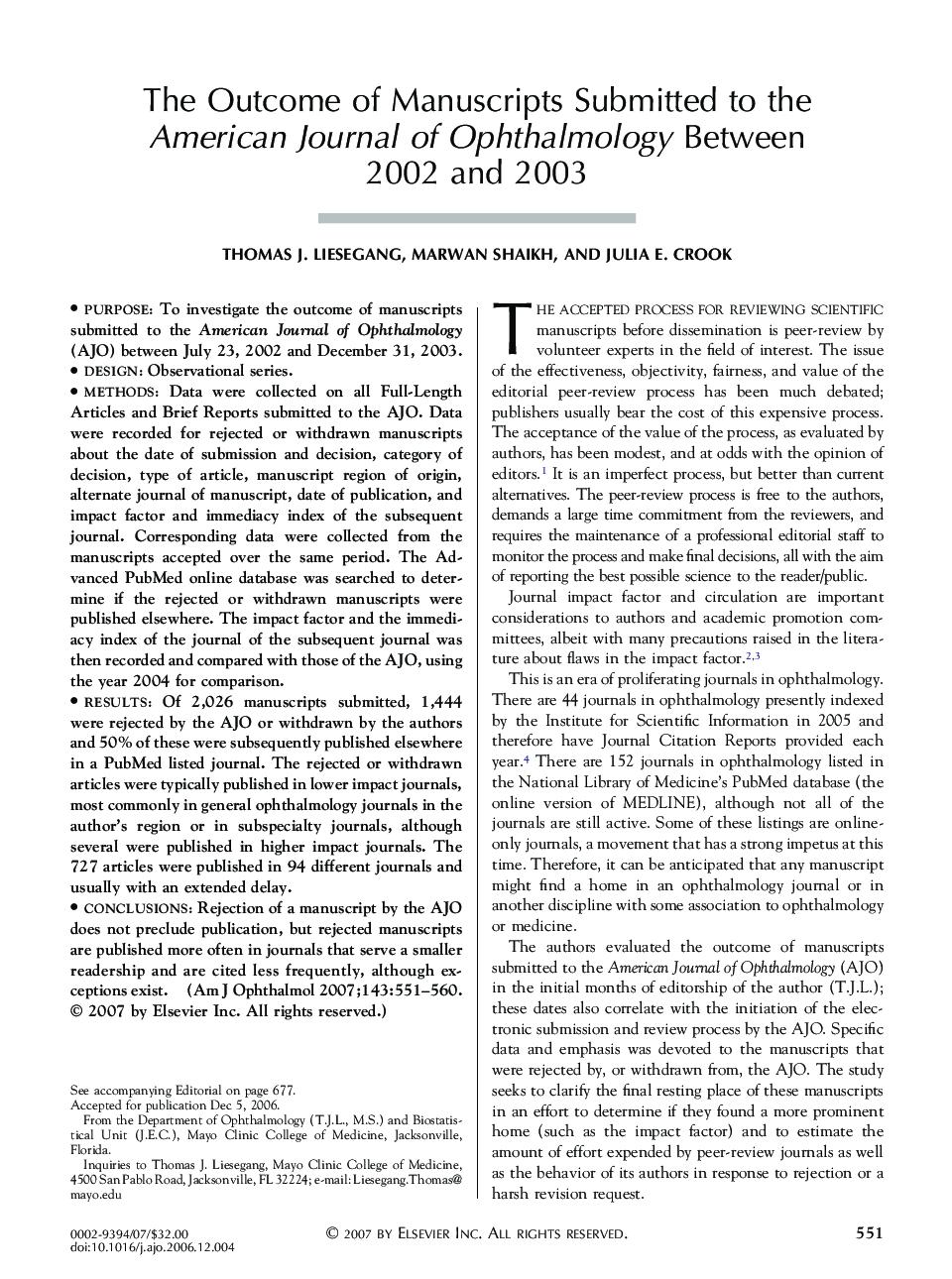 The Outcome of Manuscripts Submitted to the American Journal of Ophthalmology Between 2002 and 2003