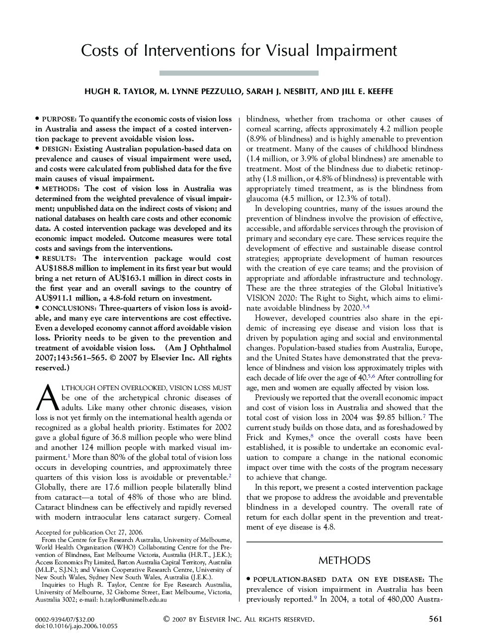 Costs of Interventions for Visual Impairment