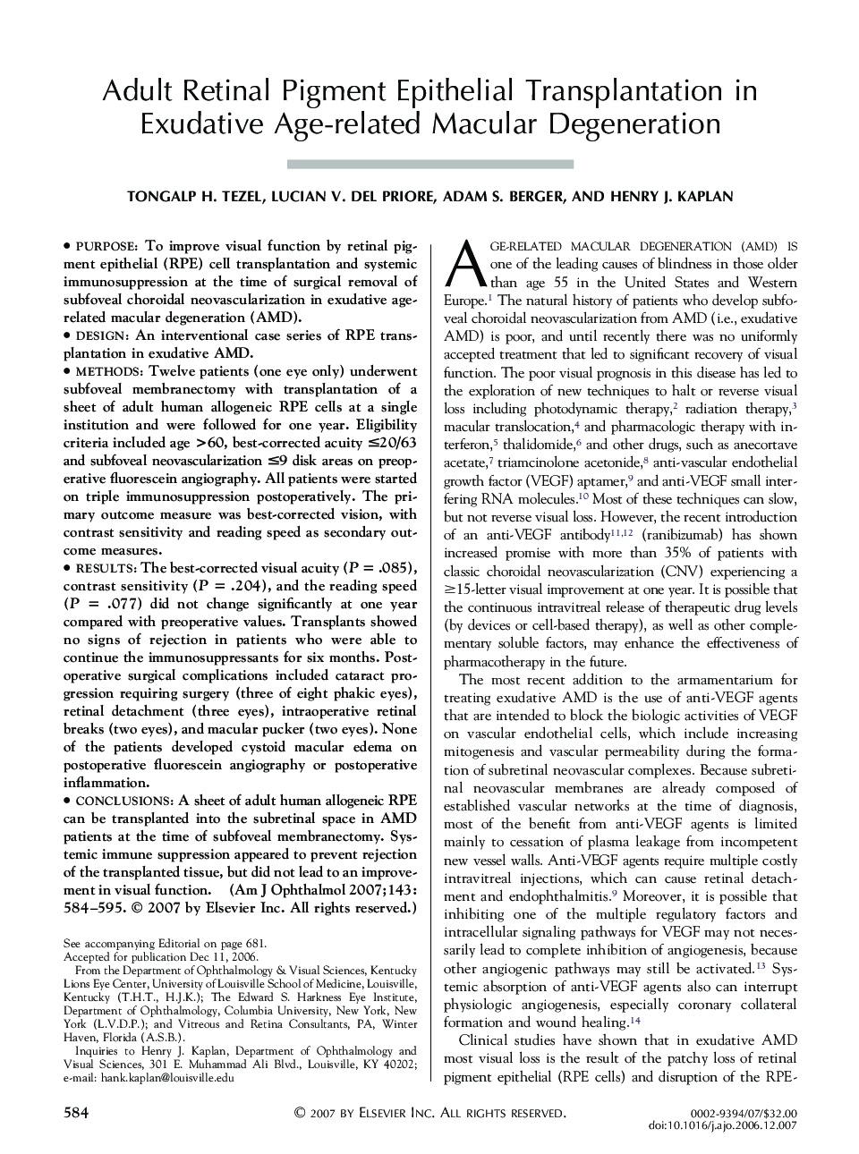 Adult Retinal Pigment Epithelial Transplantation in Exudative Age-related Macular Degeneration