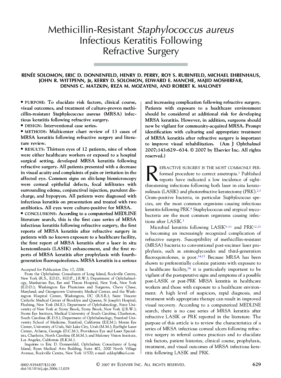 Methicillin-Resistant Staphylococcus aureus Infectious Keratitis Following Refractive Surgery