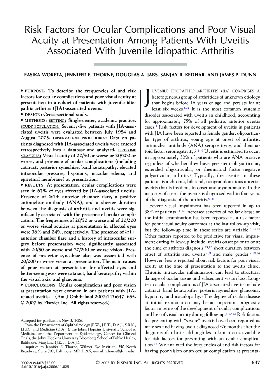Risk Factors for Ocular Complications and Poor Visual Acuity at Presentation Among Patients With Uveitis Associated With Juvenile Idiopathic Arthritis