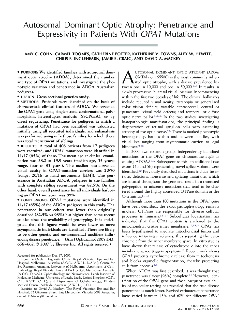 Autosomal Dominant Optic Atrophy: Penetrance and Expressivity in Patients With OPA1 Mutations