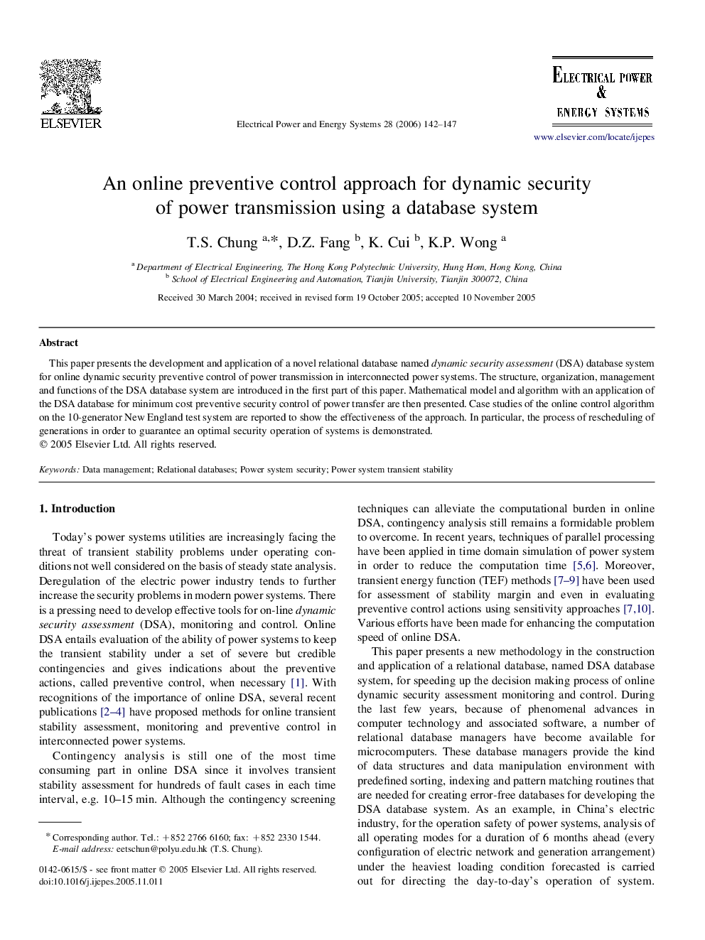 An online preventive control approach for dynamic security of power transmission using a database system