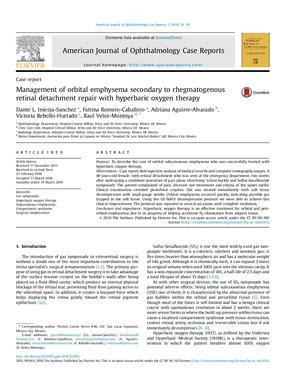 Management of orbital emphysema secondary to rhegmatogenous retinal detachment repair with hyperbaric oxygen therapy