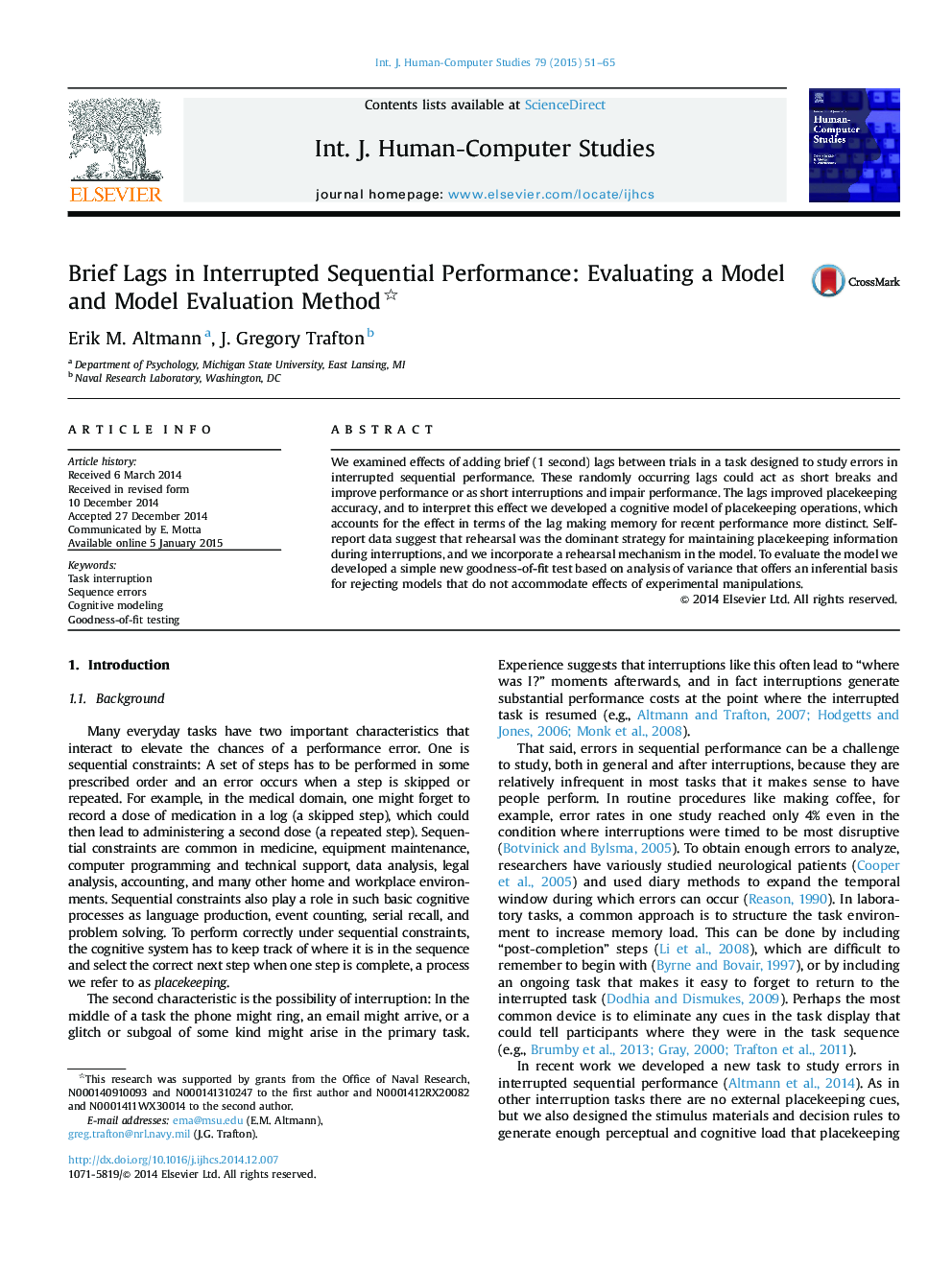 Brief Lags in Interrupted Sequential Performance: Evaluating a Model and Model Evaluation Method 