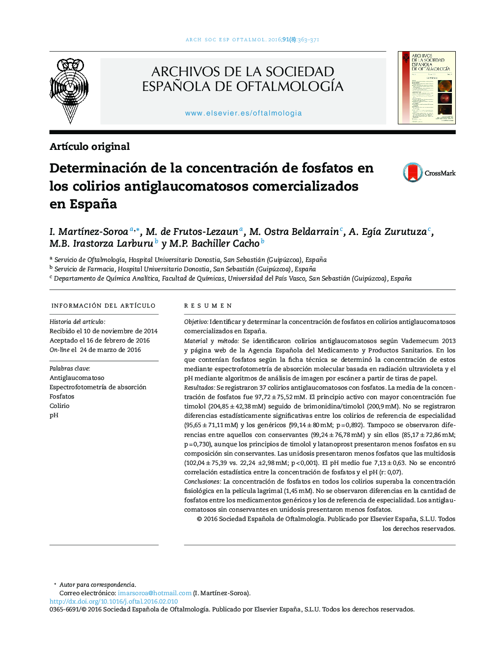 Determinación de la concentración de fosfatos en los colirios antiglaucomatosos comercializados en España