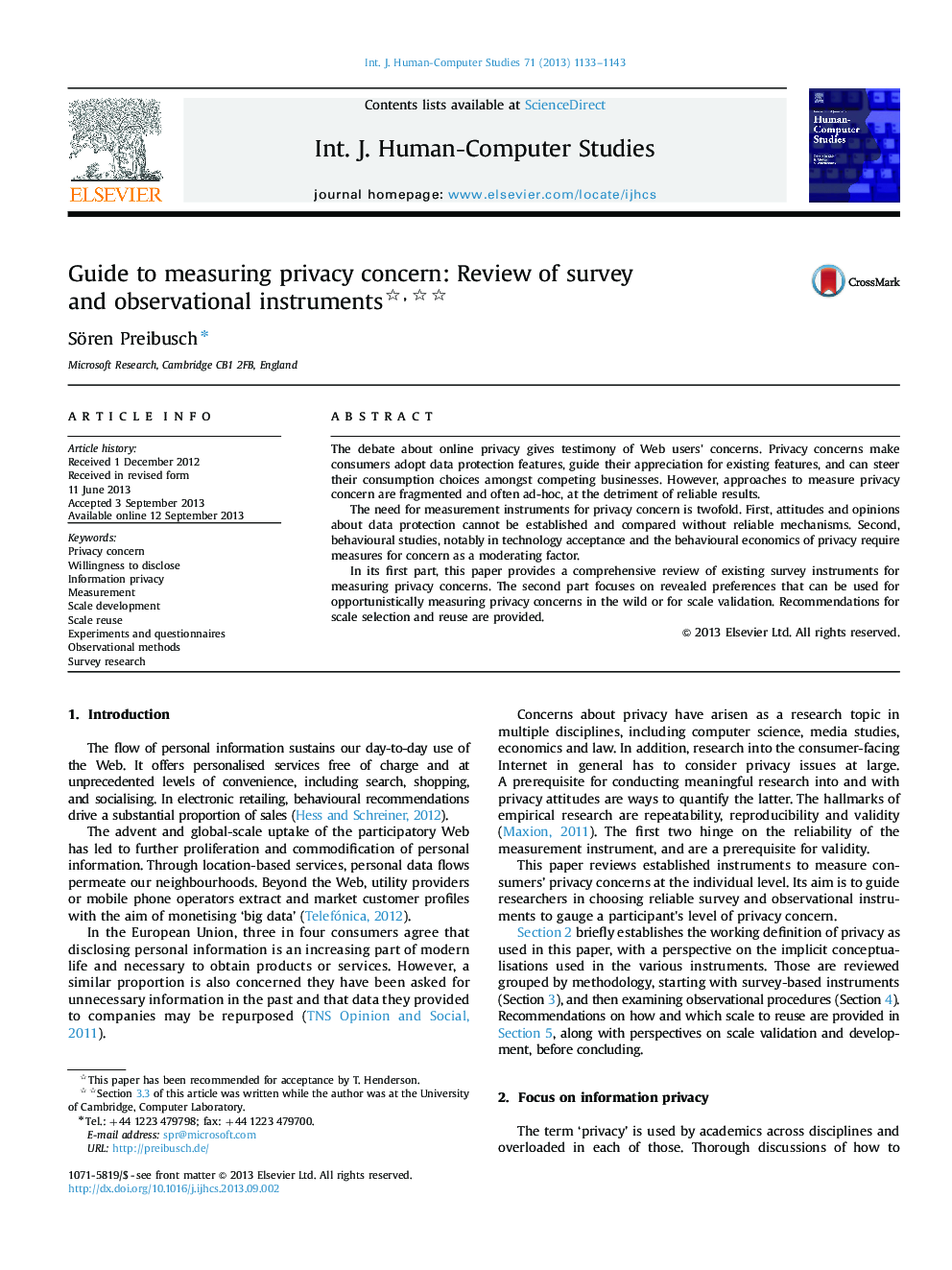 Guide to measuring privacy concern: Review of survey and observational instruments 
