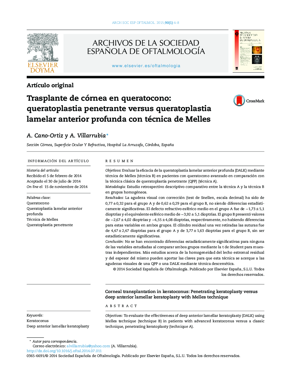 Trasplante de córnea en queratocono: queratoplastia penetrante versus queratoplastia lamelar anterior profunda con técnica de Melles