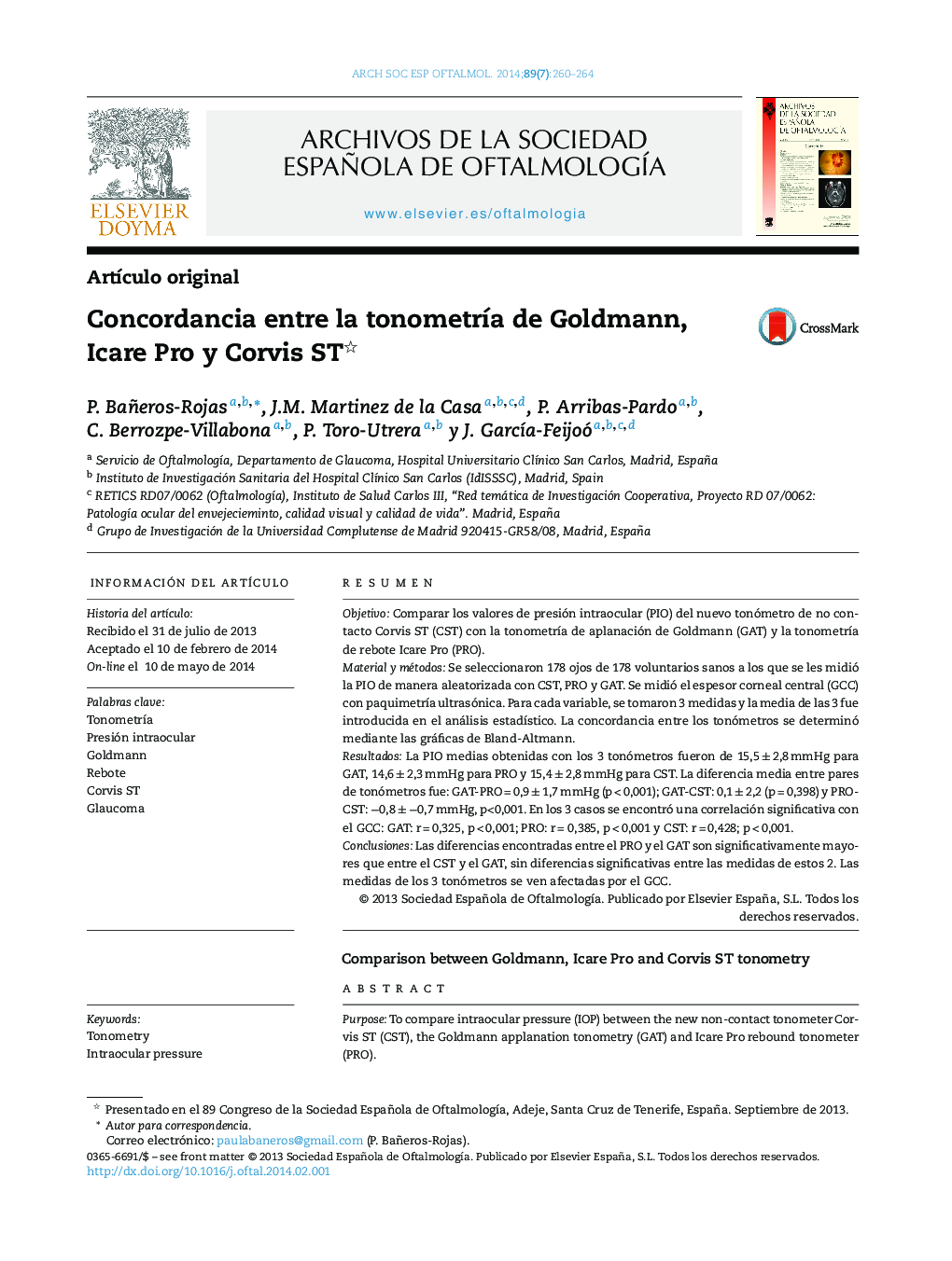 Concordancia entre la tonometría de Goldmann, Icare Pro y Corvis ST 