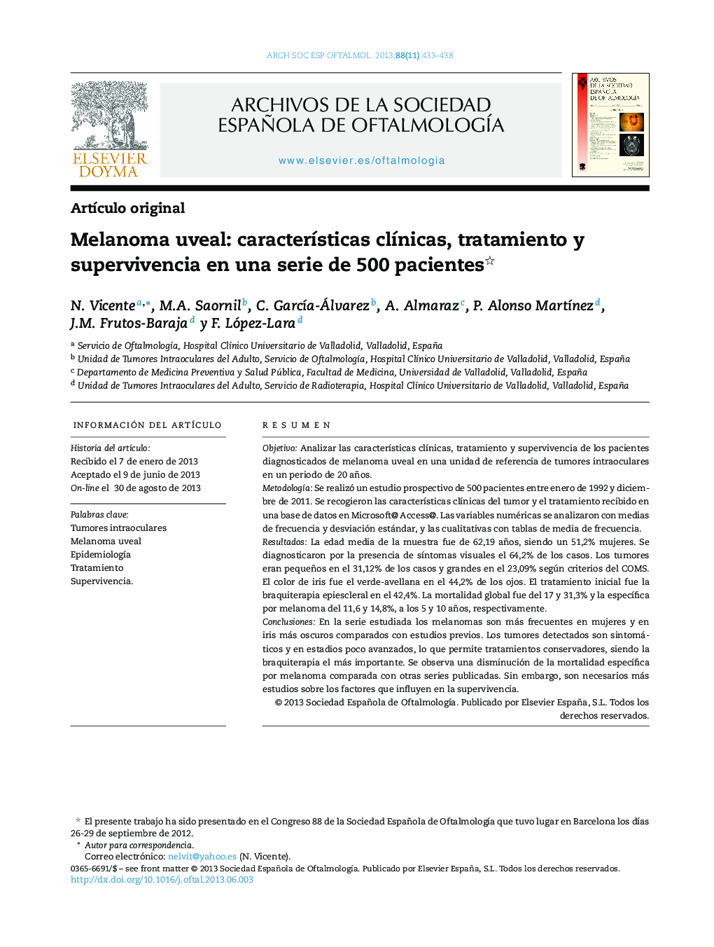 Melanoma uveal: características clínicas, tratamiento y supervivencia en una serie de 500 pacientes 