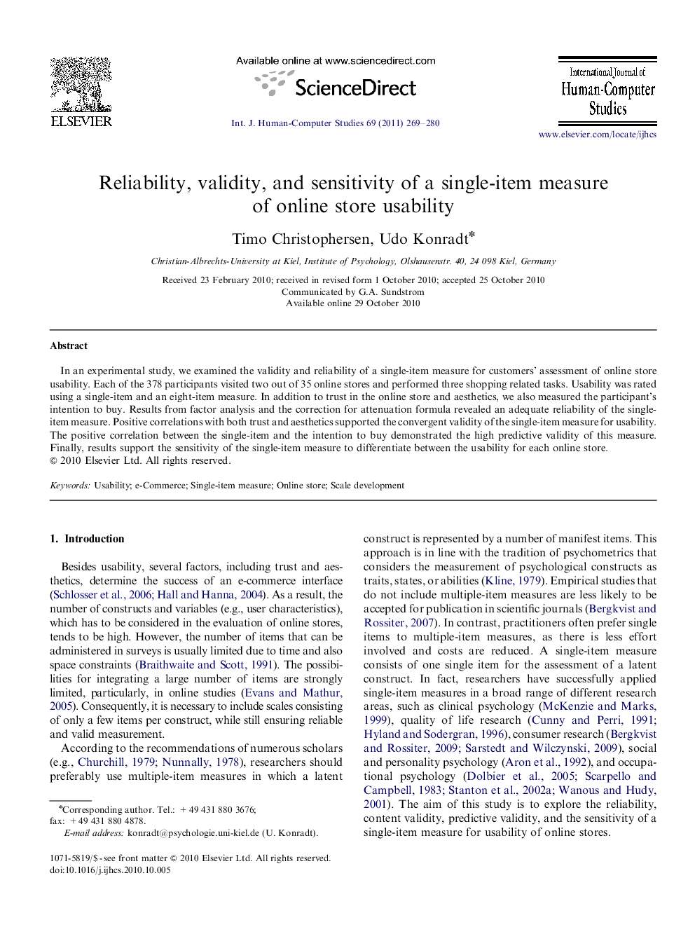 Reliability, validity, and sensitivity of a single-item measure of online store usability