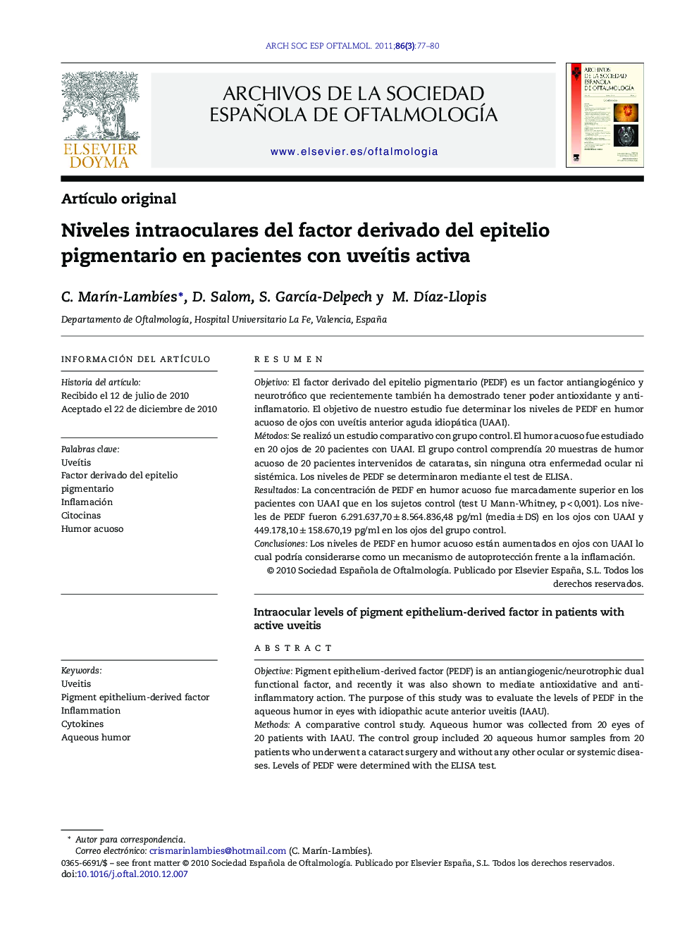 Niveles intraoculares del factor derivado del epitelio pigmentario en pacientes con uveítis activa