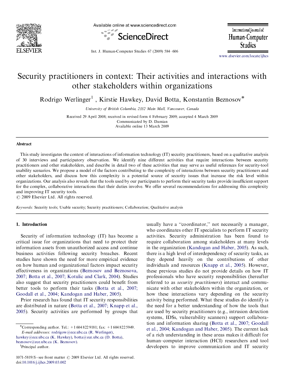 Security practitioners in context: Their activities and interactions with other stakeholders within organizations