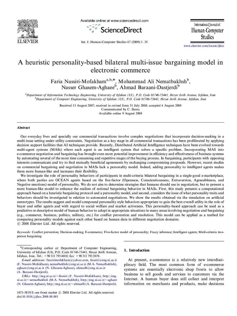 عکس صفحه اول مقاله: A heuristic personality-based bilateral multi-issue bargaining model in electronic commerce A heuristic personality-based bilateral multi-issue bargaining model in electronic commerce
