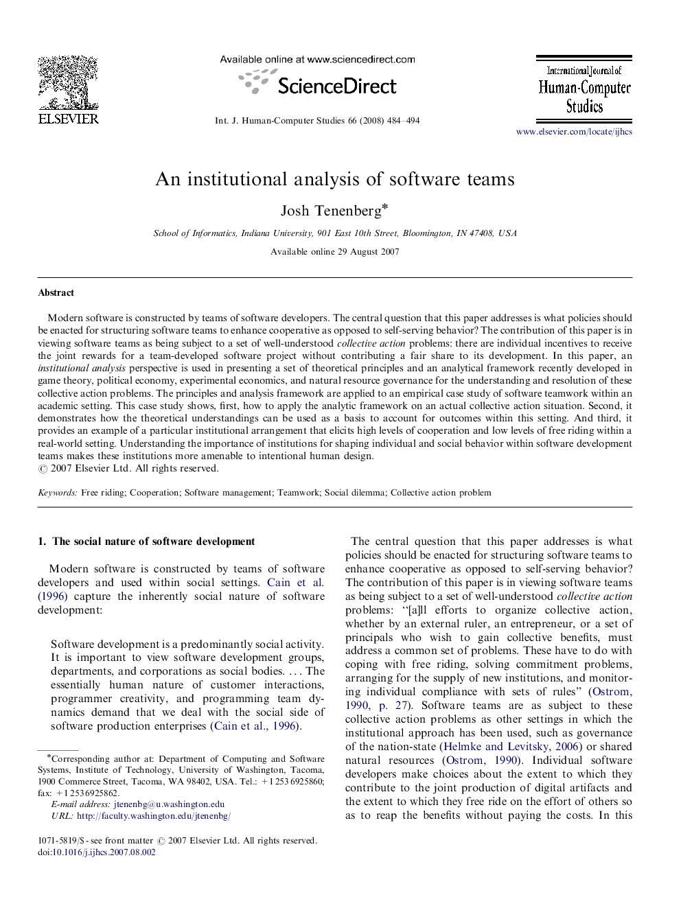 An institutional analysis of software teams