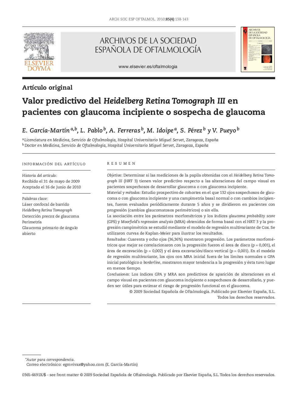 Valor predictivo del Heidelberg Retina Tomograph III en pacientes con glaucoma incipiente o sospecha de glaucoma