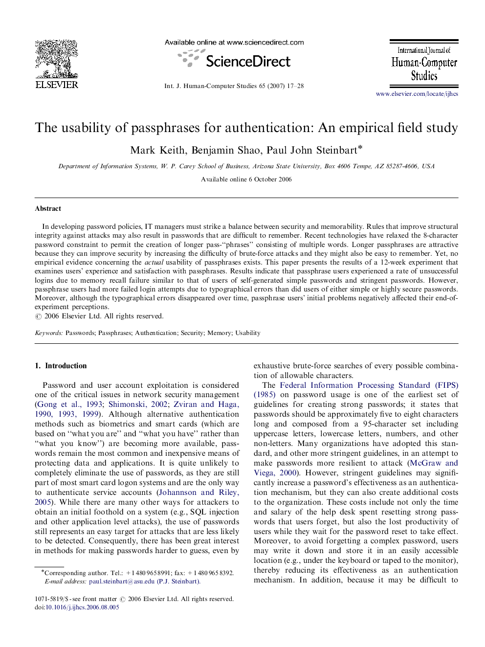 The usability of passphrases for authentication: An empirical field study