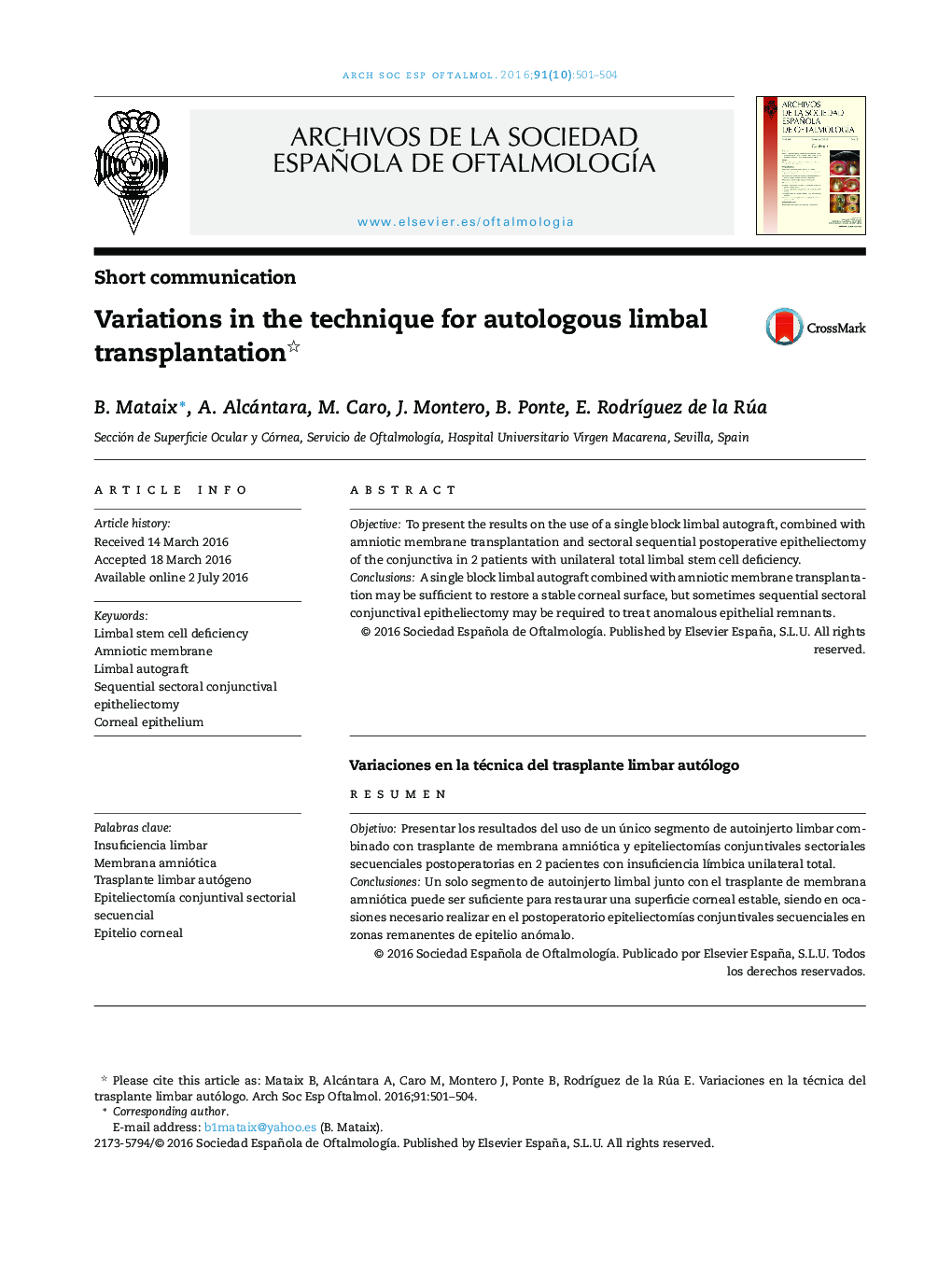 Variations in the technique for autologous limbal transplantation 