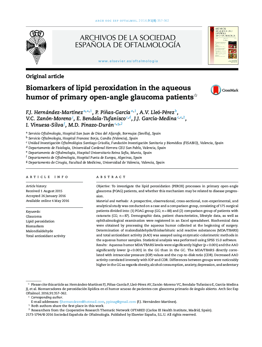 Biomarkers of lipid peroxidation in the aqueous humor of primary open-angle glaucoma patients 