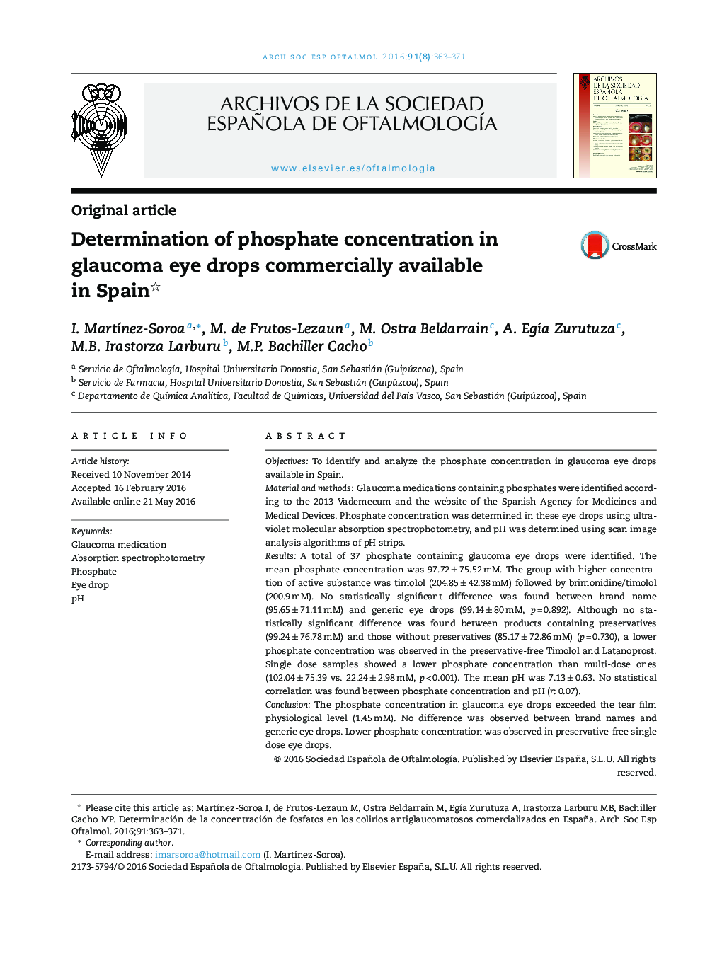 Determination of phosphate concentration in glaucoma eye drops commercially available in Spain 
