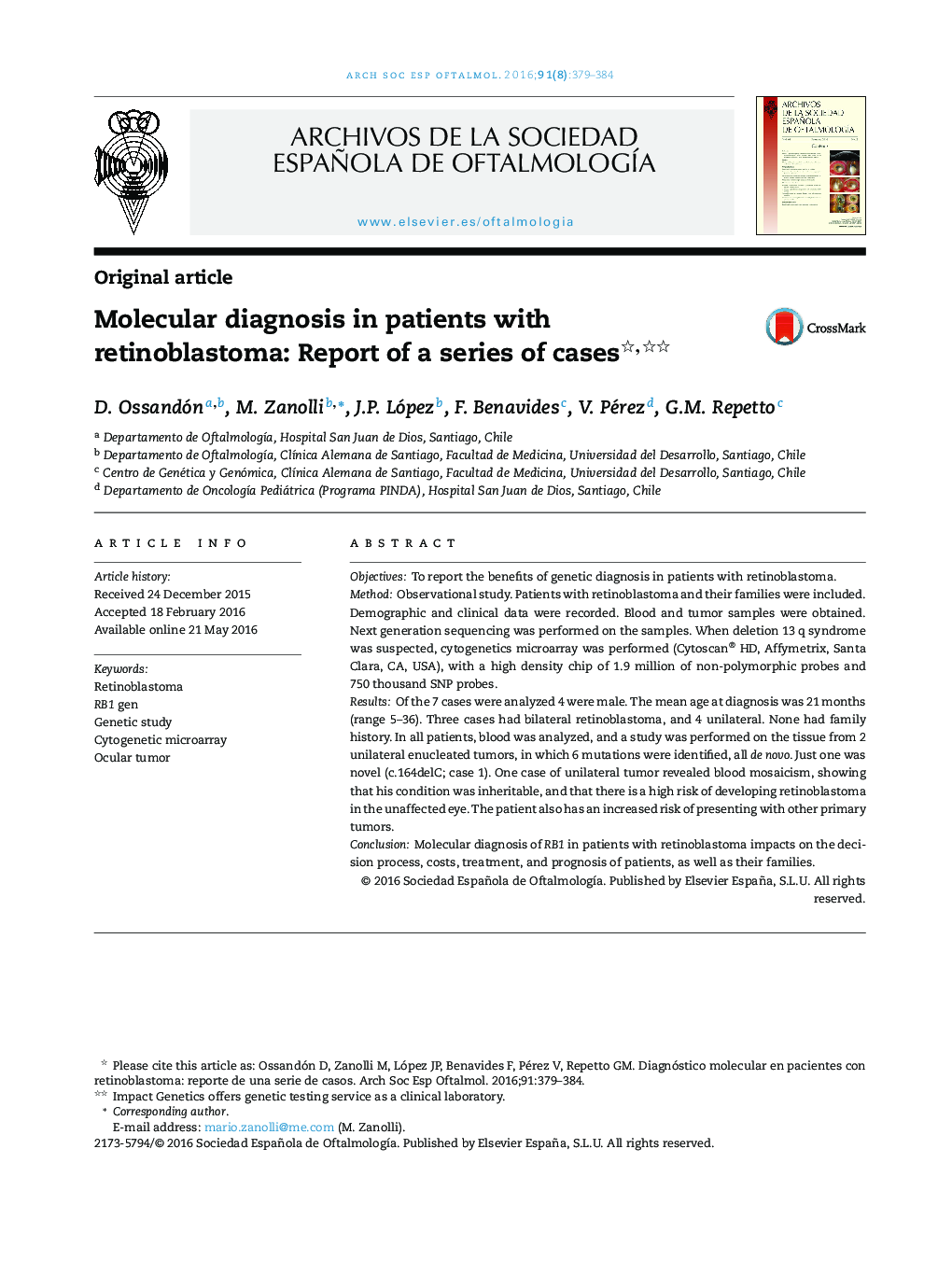 Molecular diagnosis in patients with retinoblastoma: Report of a series of cases 