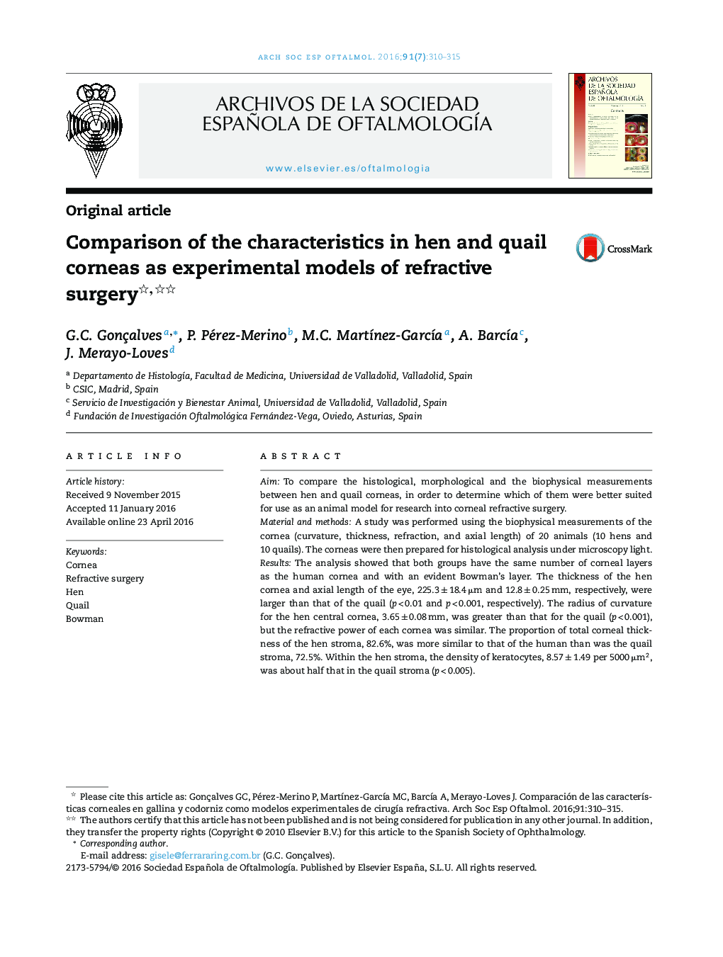 Comparison of the characteristics in hen and quail corneas as experimental models of refractive surgery 