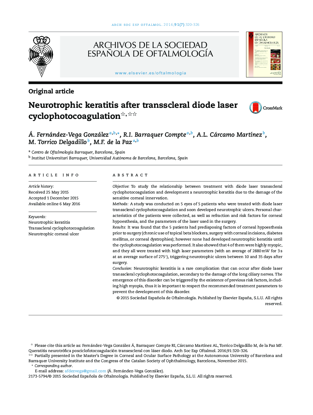 Neurotrophic keratitis after transscleral diode laser cyclophotocoagulation 