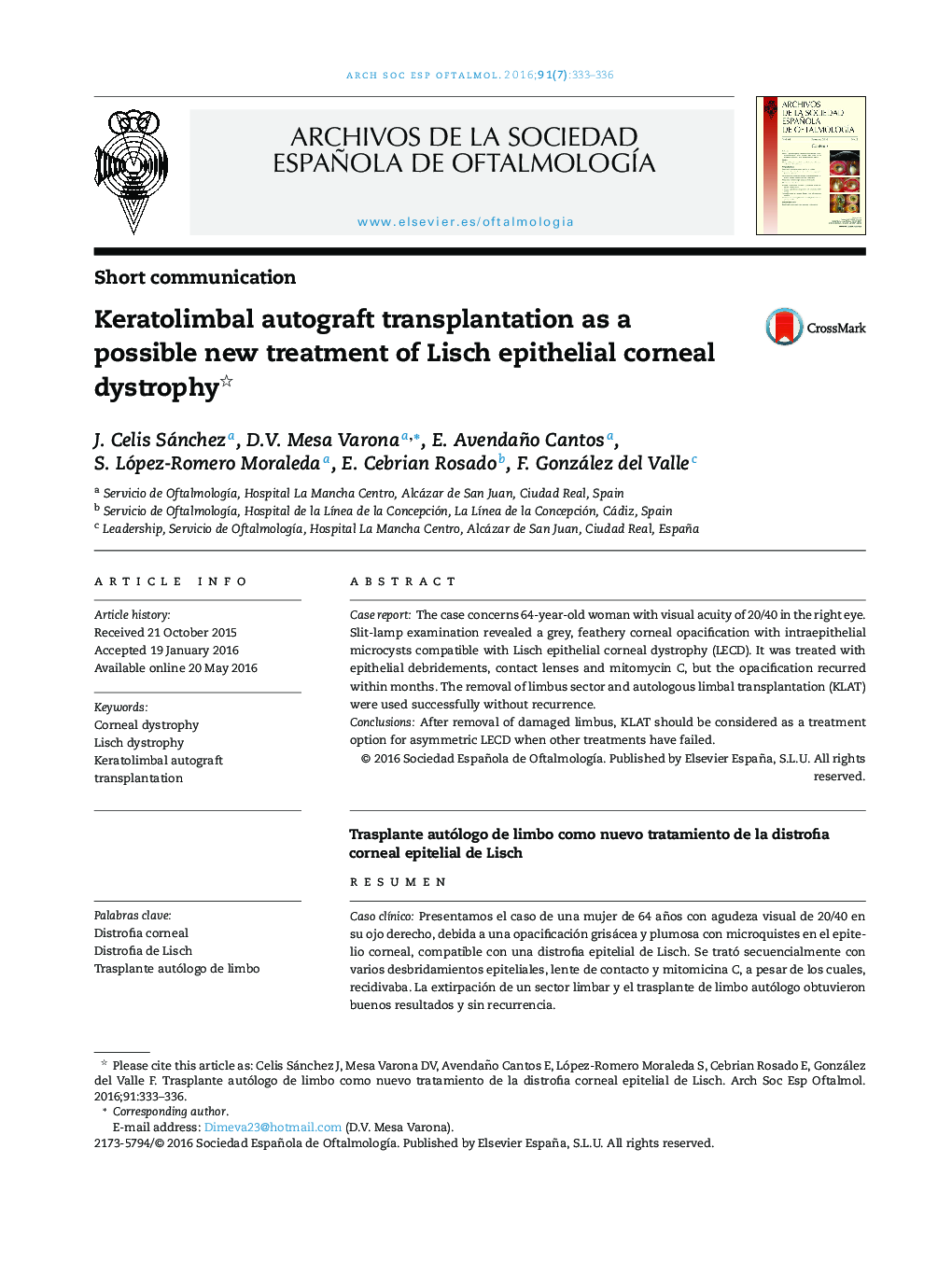 Keratolimbal autograft transplantation as a possible new treatment of Lisch epithelial corneal dystrophy 