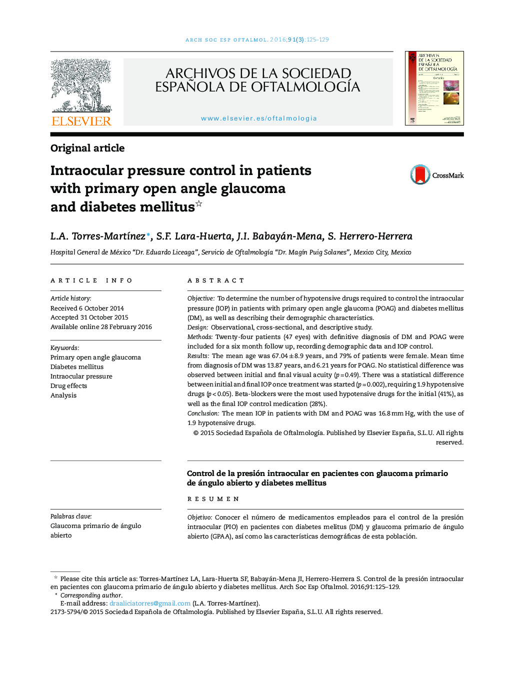 Intraocular pressure control in patients with primary open angle glaucoma and diabetes mellitus 