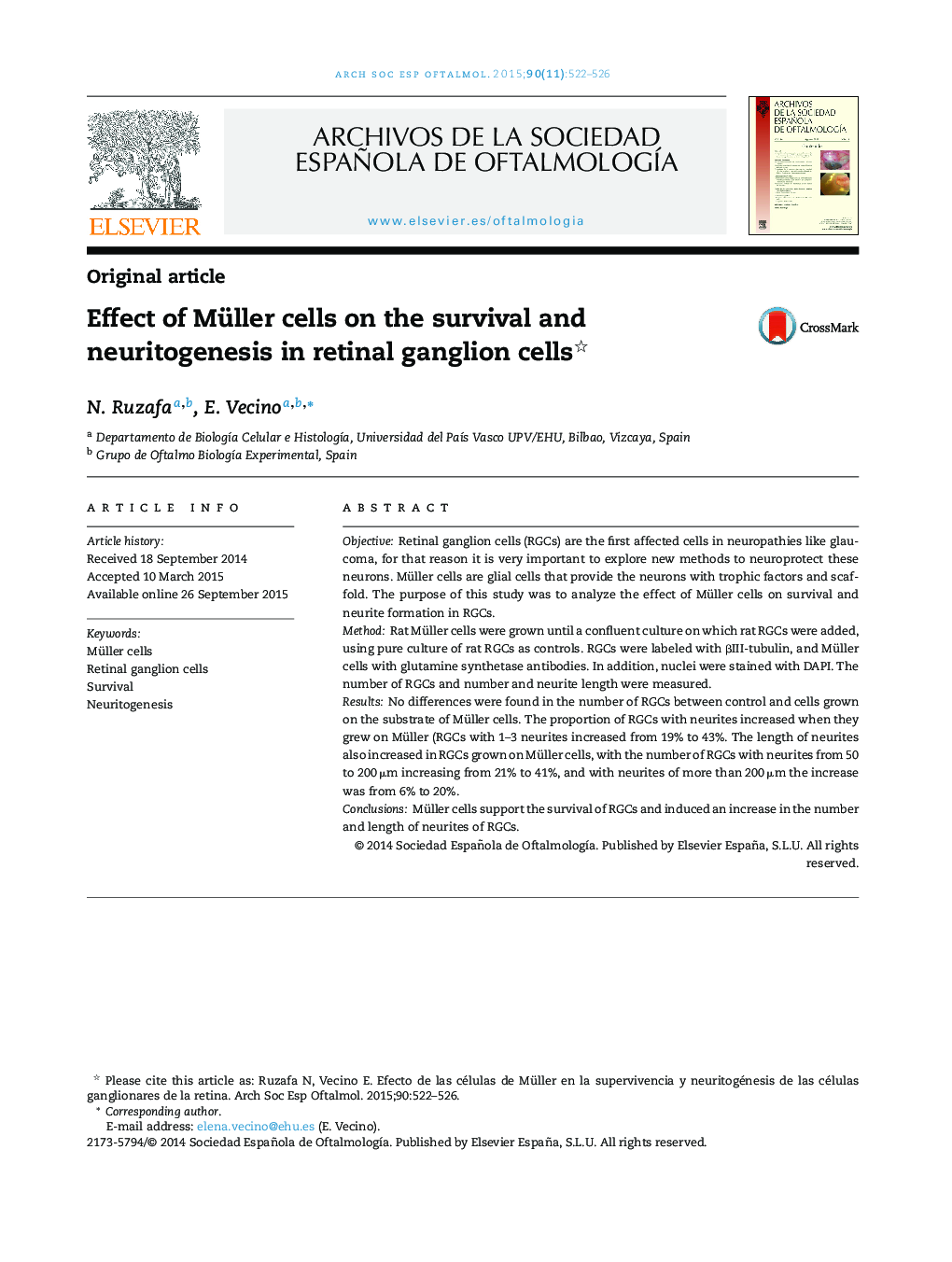 Effect of Müller cells on the survival and neuritogenesis in retinal ganglion cells 