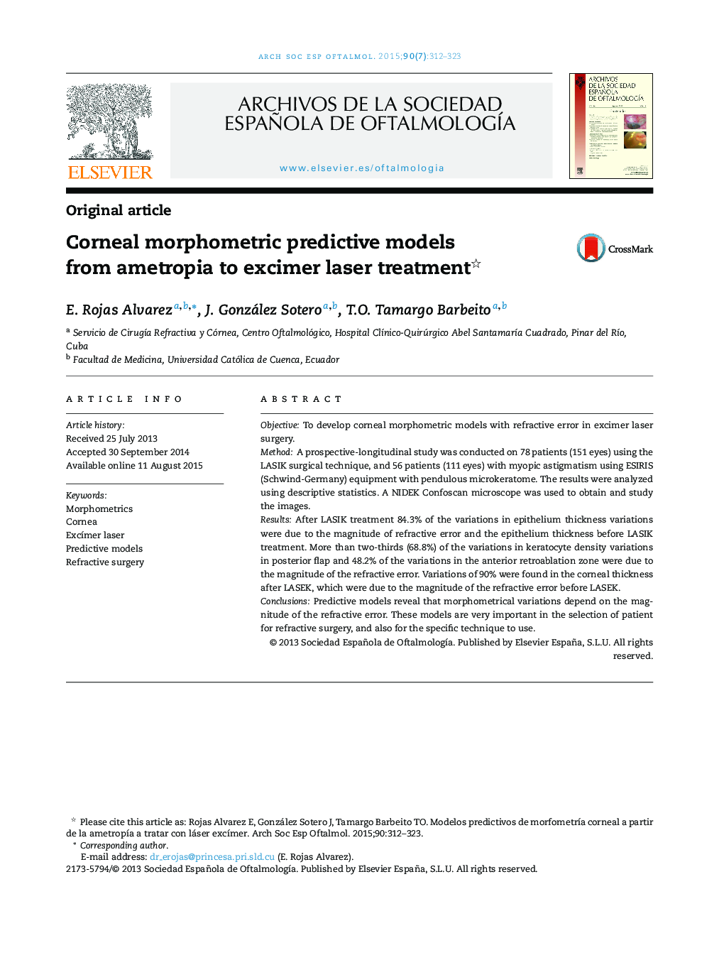 Corneal morphometric predictive models from ametropia to excimer laser treatment 